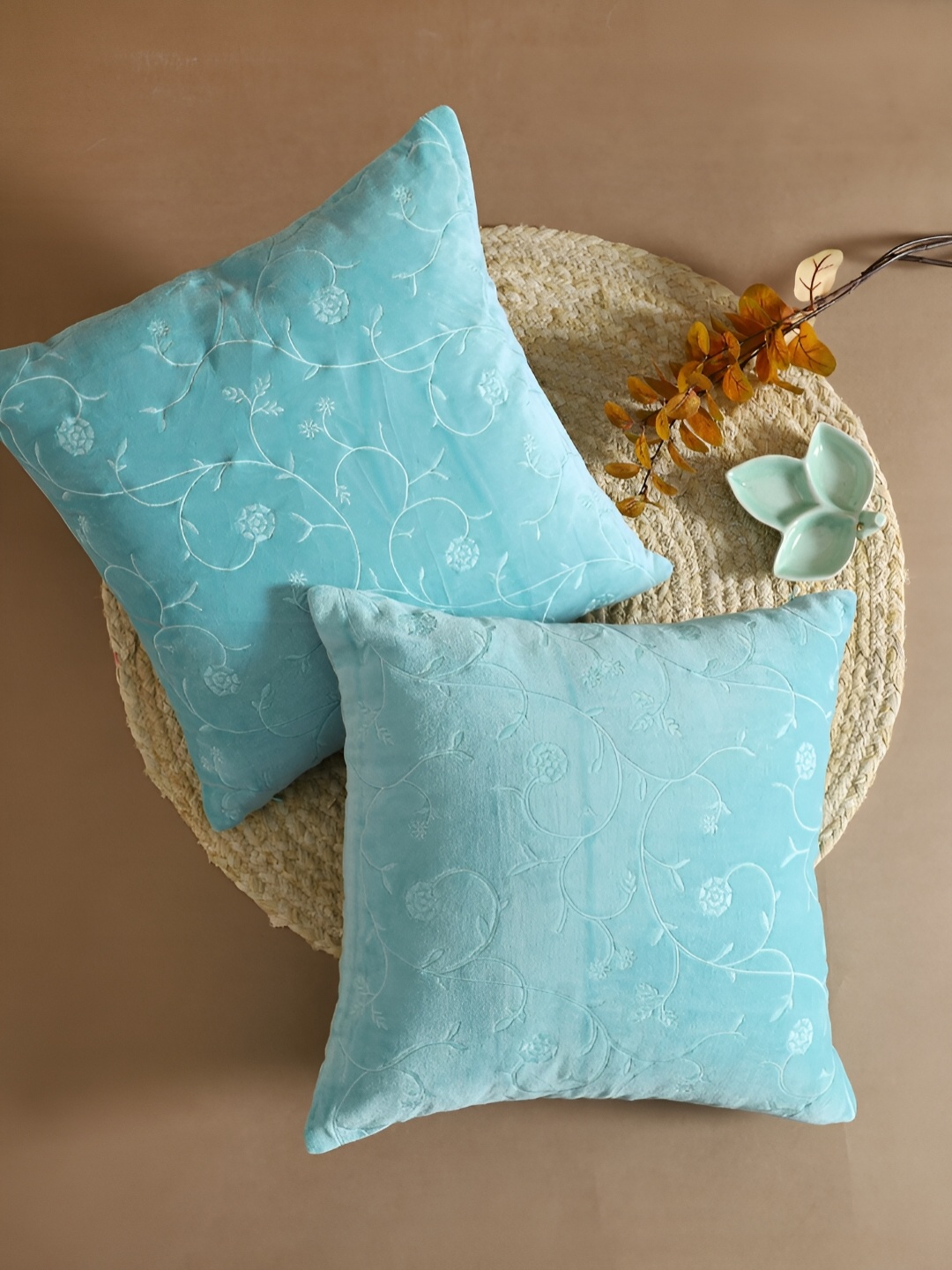 

Ratan Cart Blue 2 Pcs Embroidered Square Cotton Cushion Covers