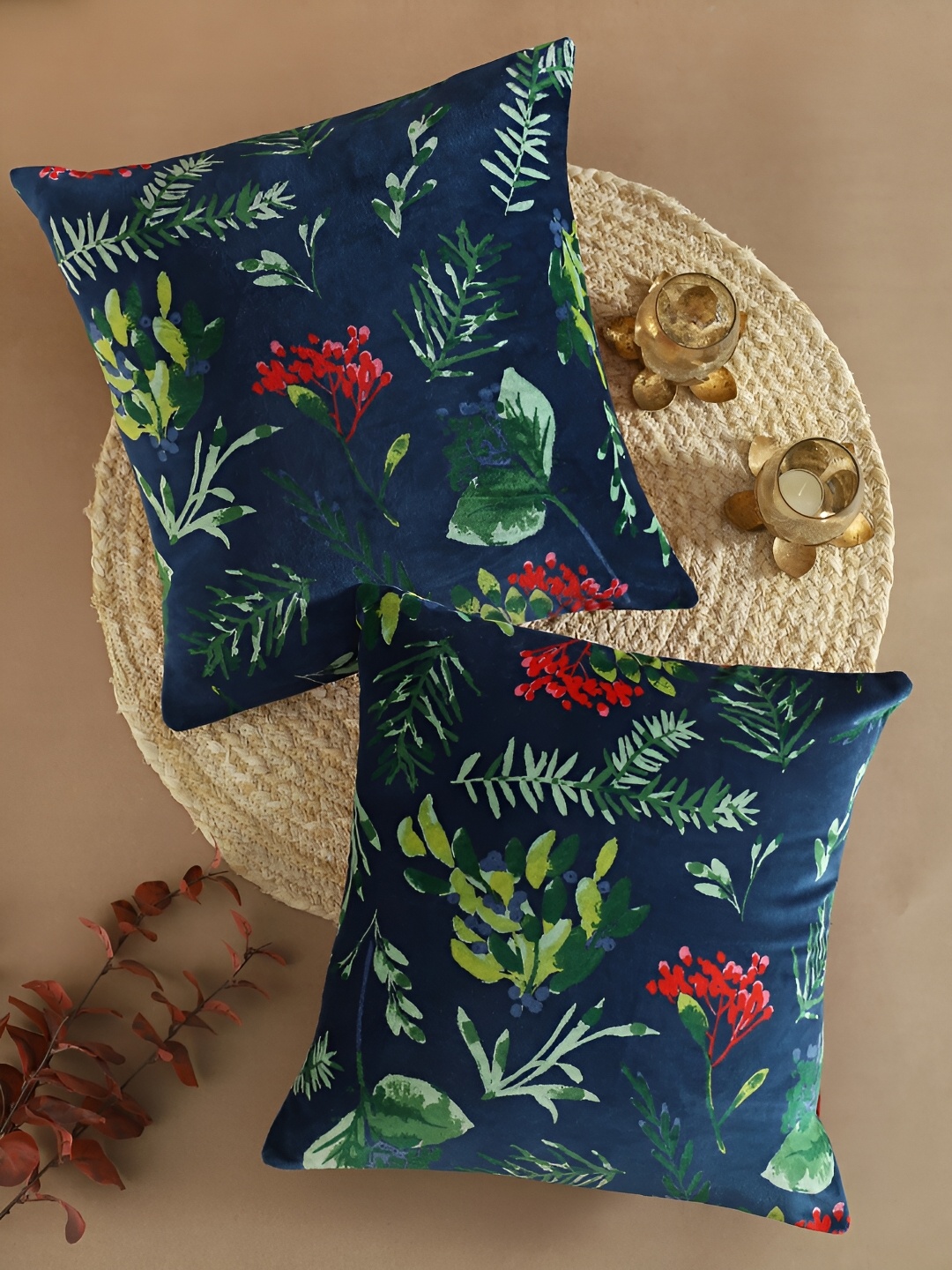 

Ratan Cart Blue & Green 2 Pcs Floral Square Cotton Cushion Covers