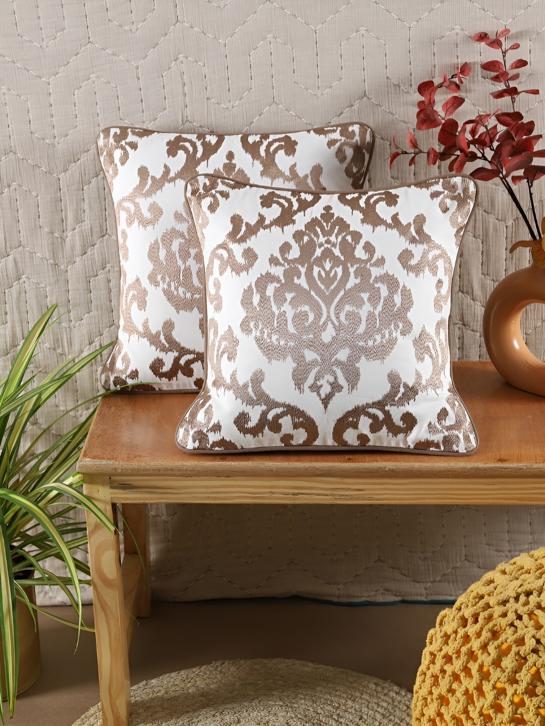 

TARAN LIVING Brown & White 2 Pcs Embroidered Square Cotton Cushion Covers