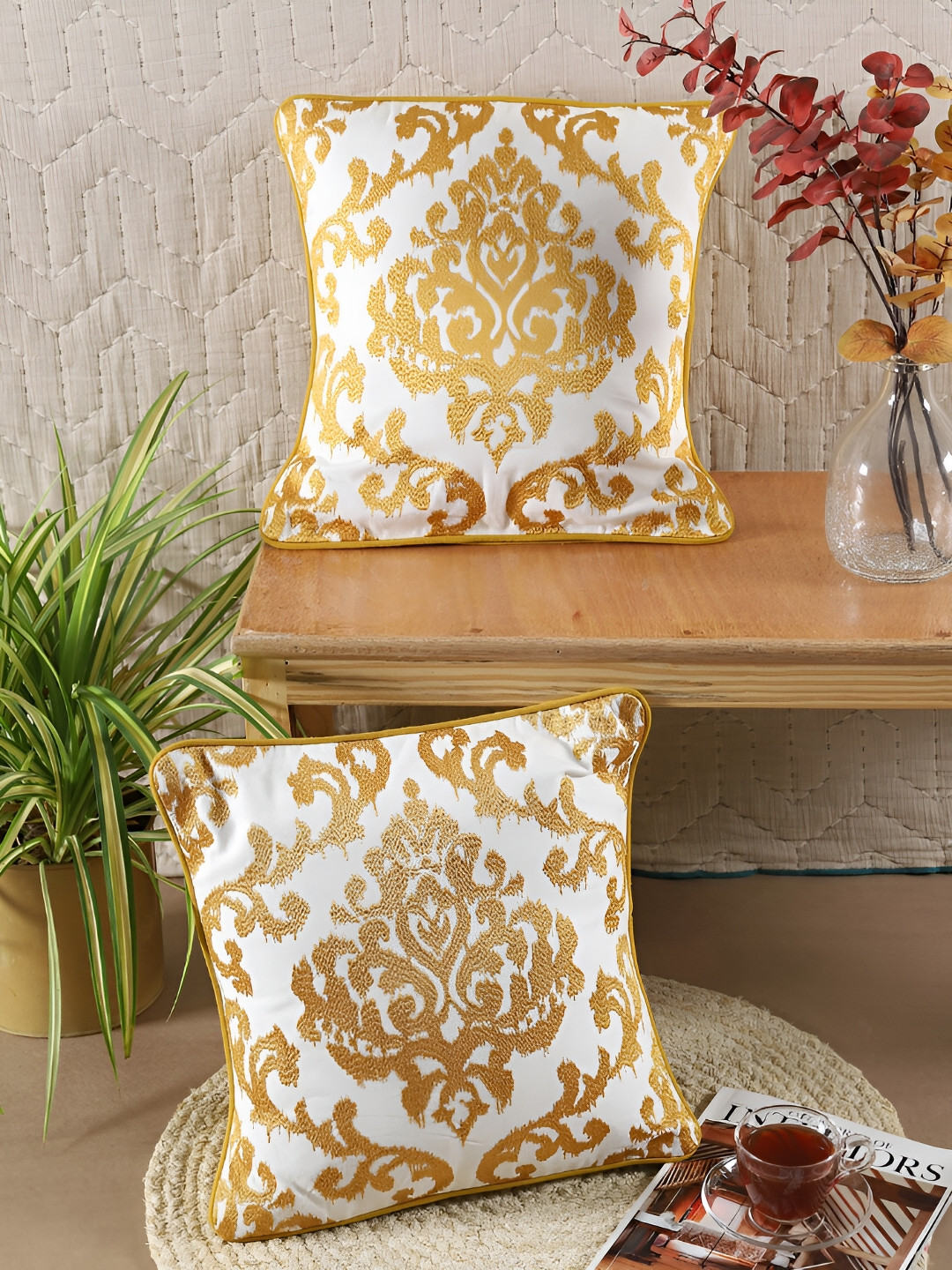 

Ratan Cart Mustard & White 2 Pcs Embroidered Square Cotton Cushion Covers