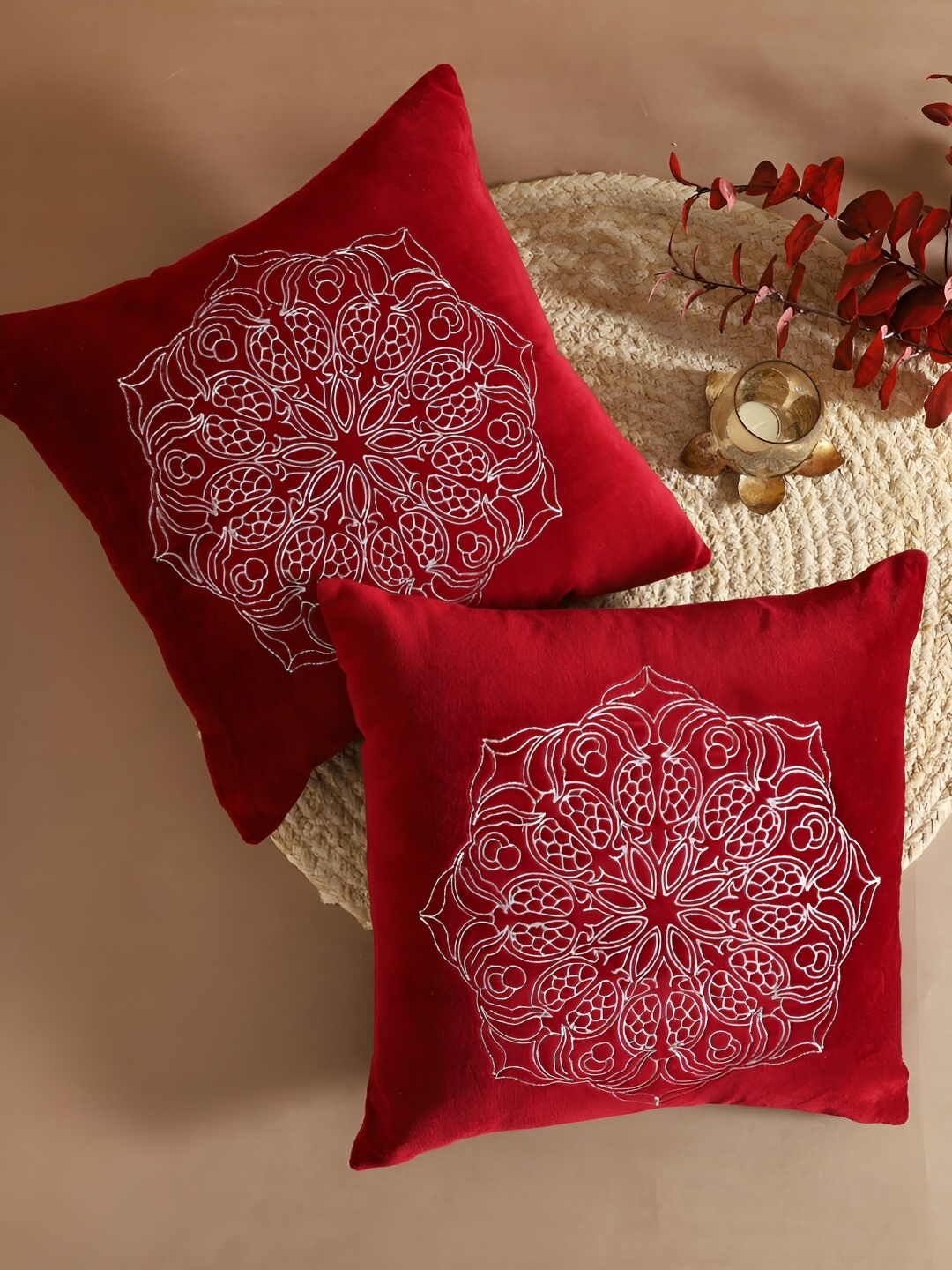 

Ratan Cart Silver-Toned & Red 2 Pcs Embroidered Square Cotton Cushion Covers