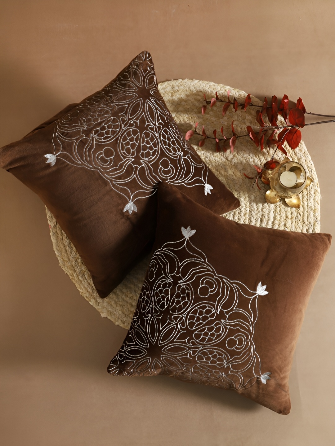 

TARAN LIVING Silver-Toned & Brown 2 Pcs Embroidered Square Cotton Cushion Covers