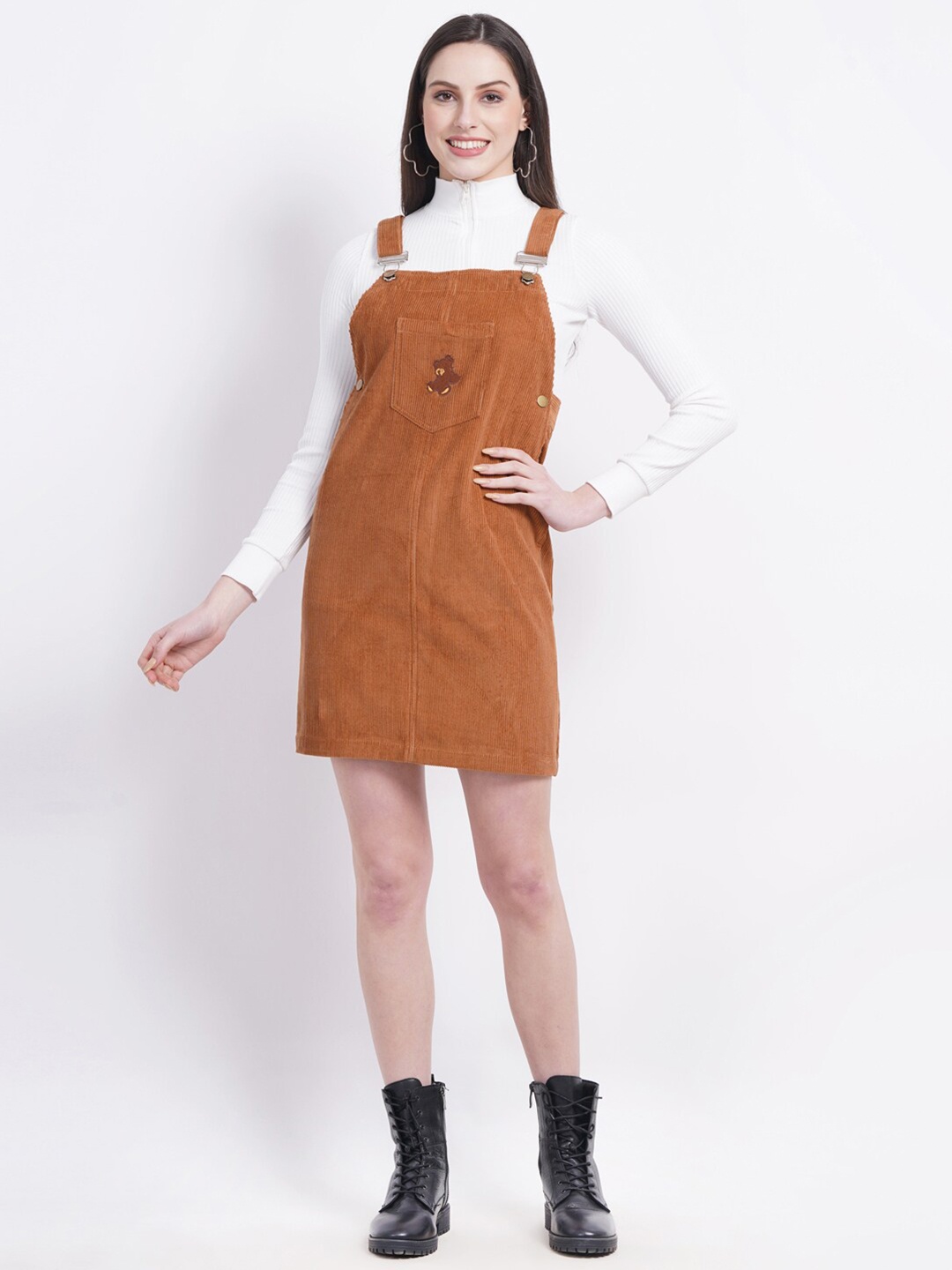 

SUMAVI-FASHION Shoulder Straps Corduroy Mini Pinafore Dress, Brown