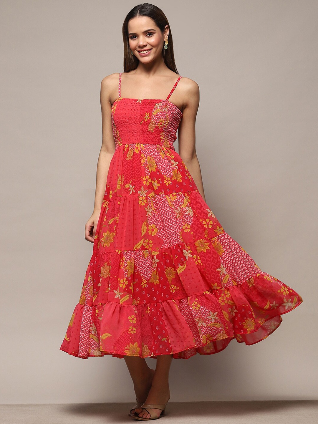 

Biba Floral Printed Shoulder Straps Opaque Maxi Midi Dress, Coral