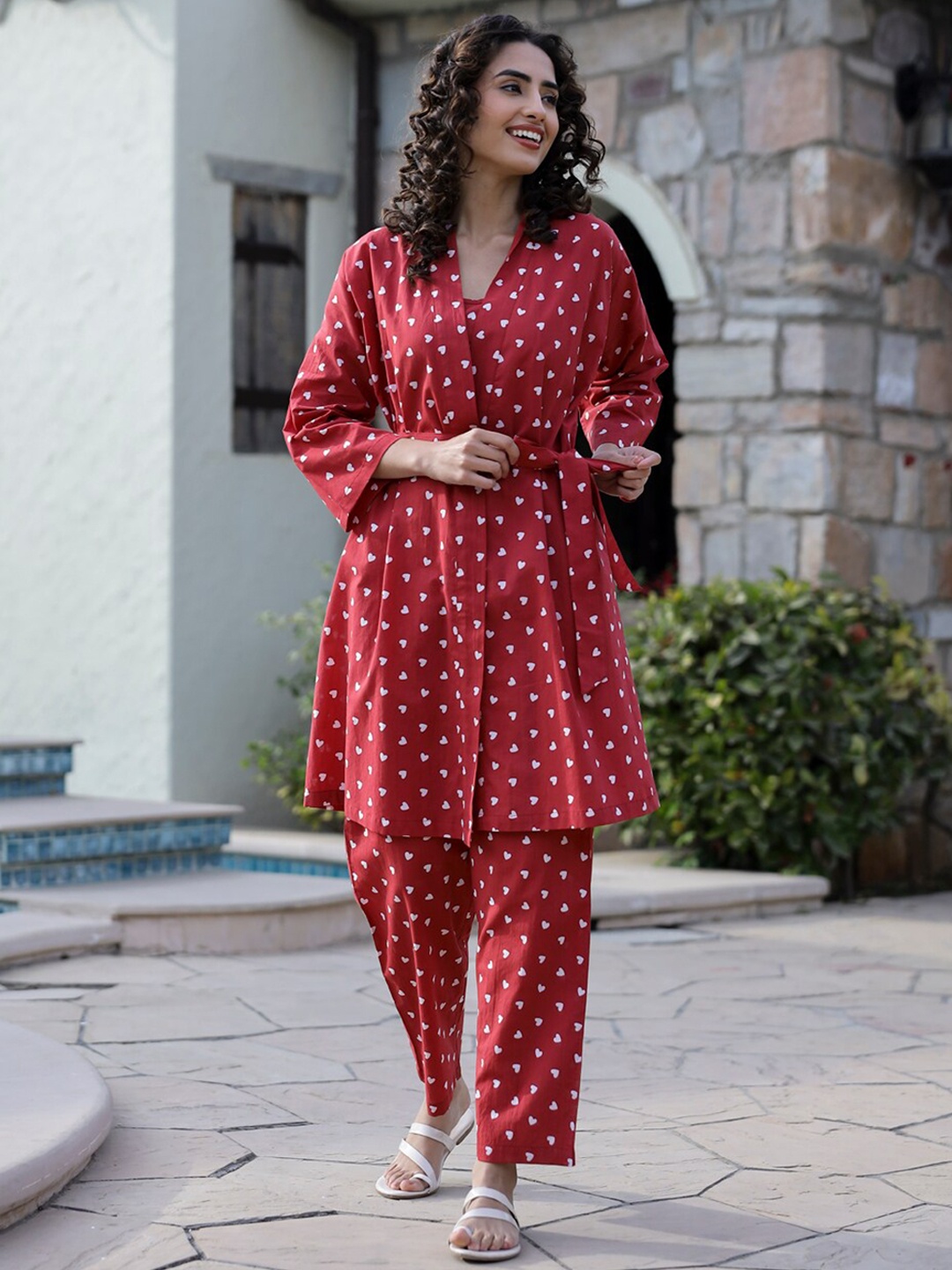 

SANSKRUTIHOMES 4 Pcs Printed Pure Cotton Co-ords Set, Red