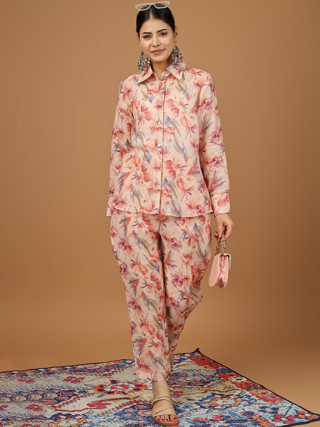 

HUE & HIDE Collar Neck Shirt With Mid-Rise Trouser Co-Ords, Peach