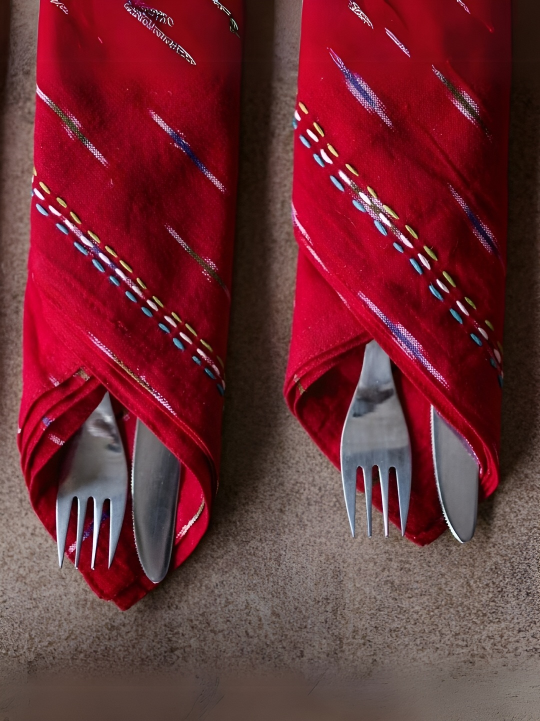 

Peepul Tree Red & Blue 2 Pieces Ikat Embroidered Jute Cotton Table Napkins