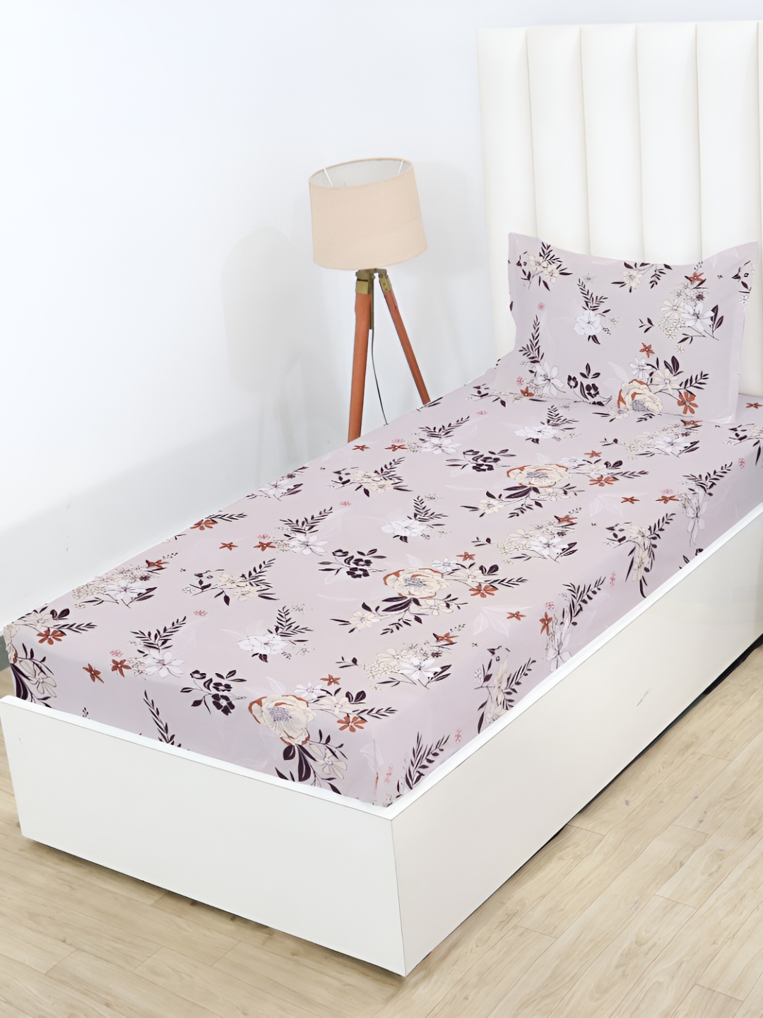 

RD TREND Beige Floral Printed 210 TC Fitted Cotton Single Bedsheet with 1 Pillow Covers, Cream