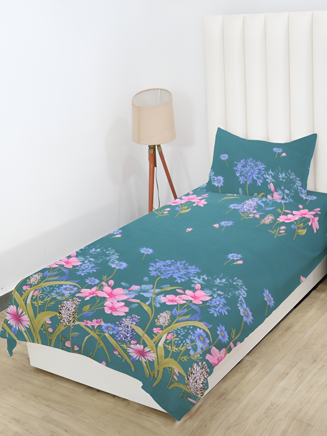 

RD TREND Green & Pink Floral Printed 210 TC Cotton Single Bedsheet with 1 Pillow Covers