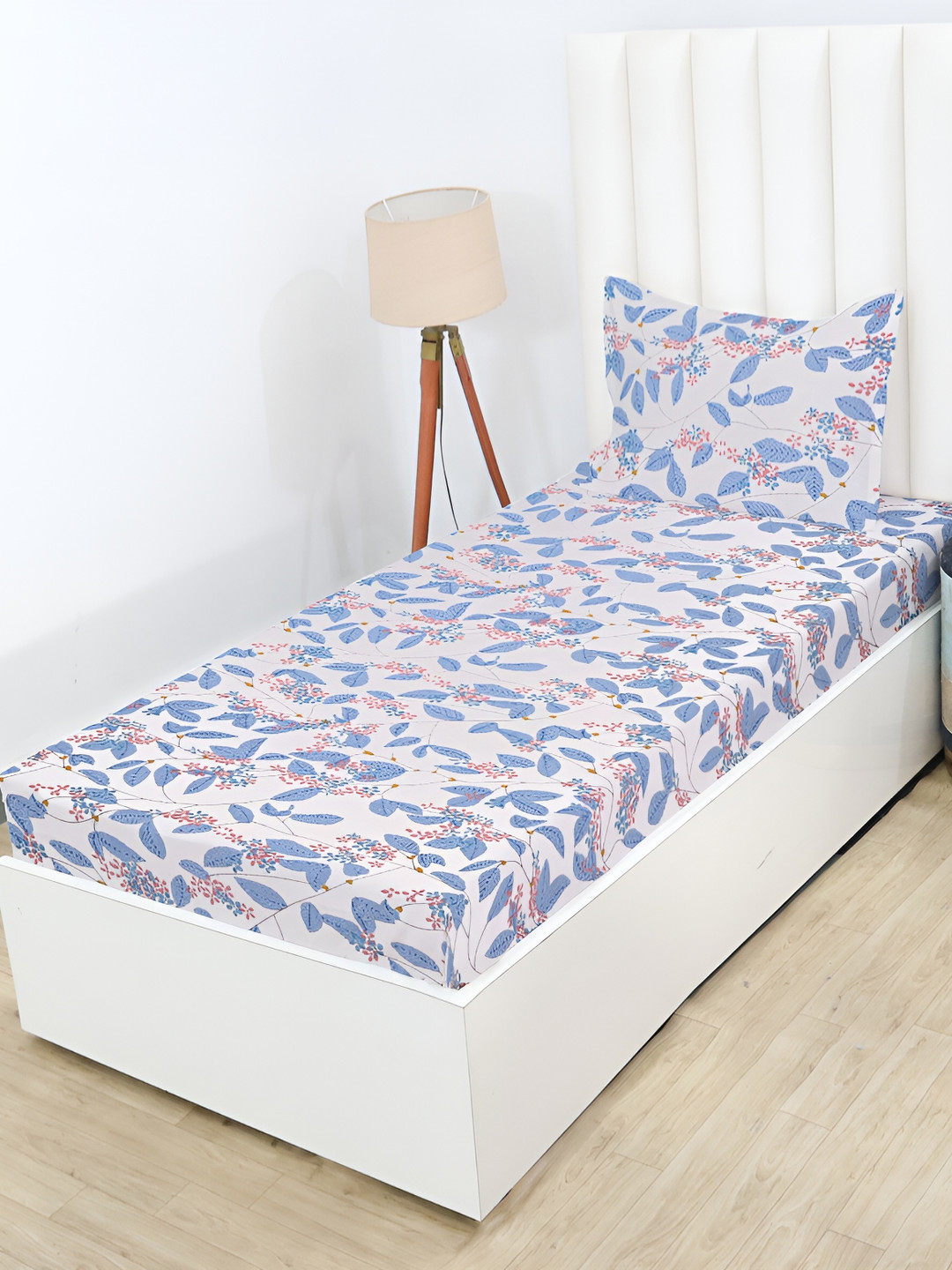 

RD TREND White Floral Printed Fitted Cotton 210 TC Single Bedsheet with 1 Pillow Covers