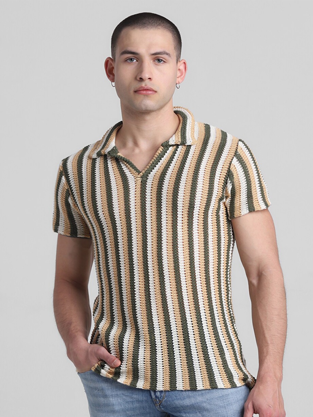 

Jack & Jones Striped Polo Collar Short Sleeves Cotton Slim Fit T-shirt, Green