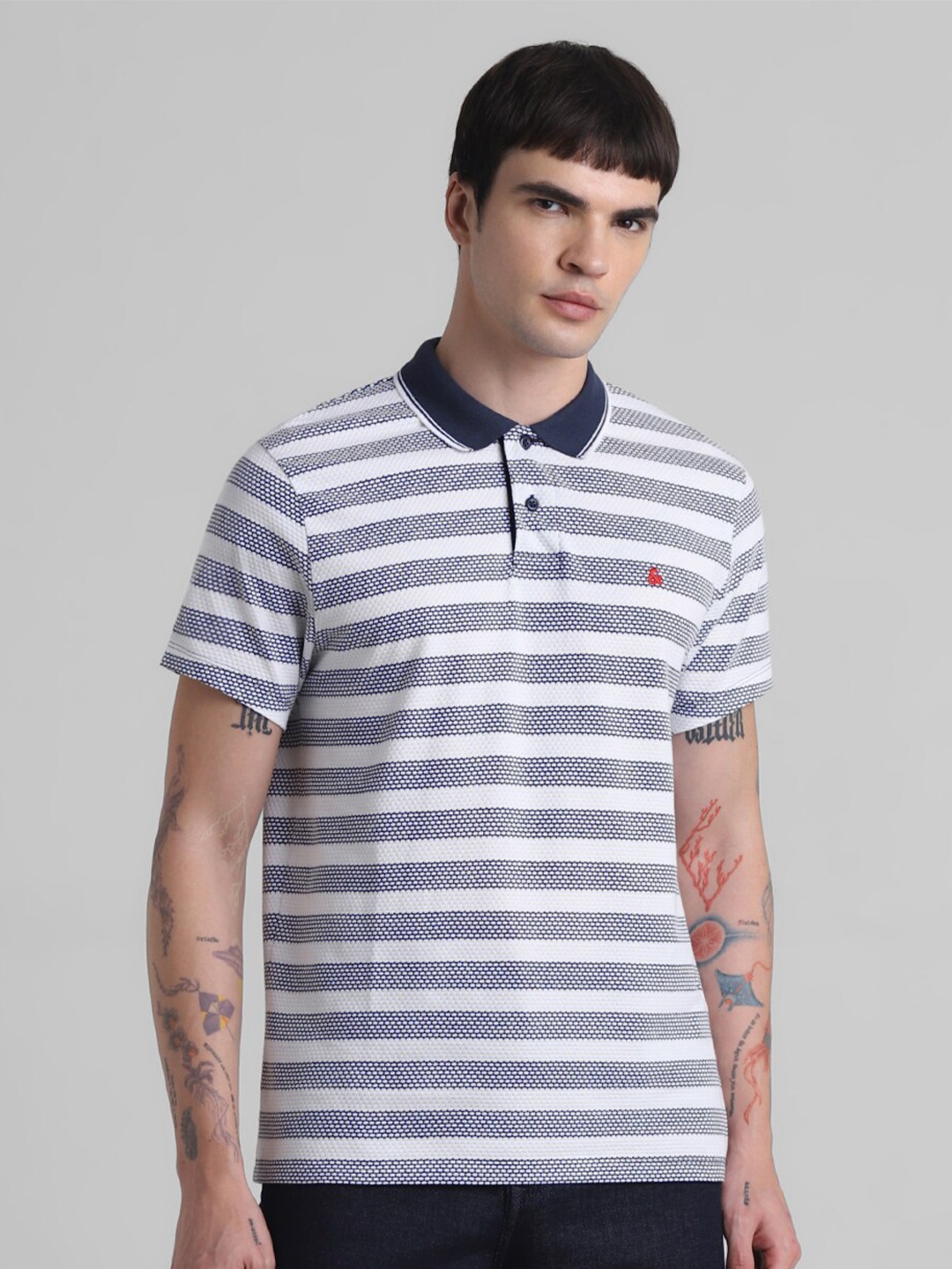 

Jack & Jones Striped Polo Collar Short Sleeves Cotton Slim Fit T-shirt, Navy blue