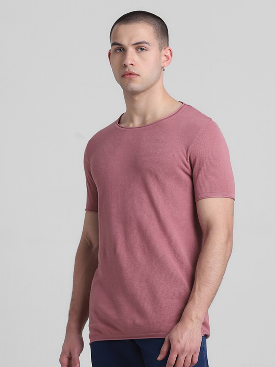 

Jack & Jones Short Sleeves Round Neck Cotton Raw Edge Slim Fit T-shirt, Pink