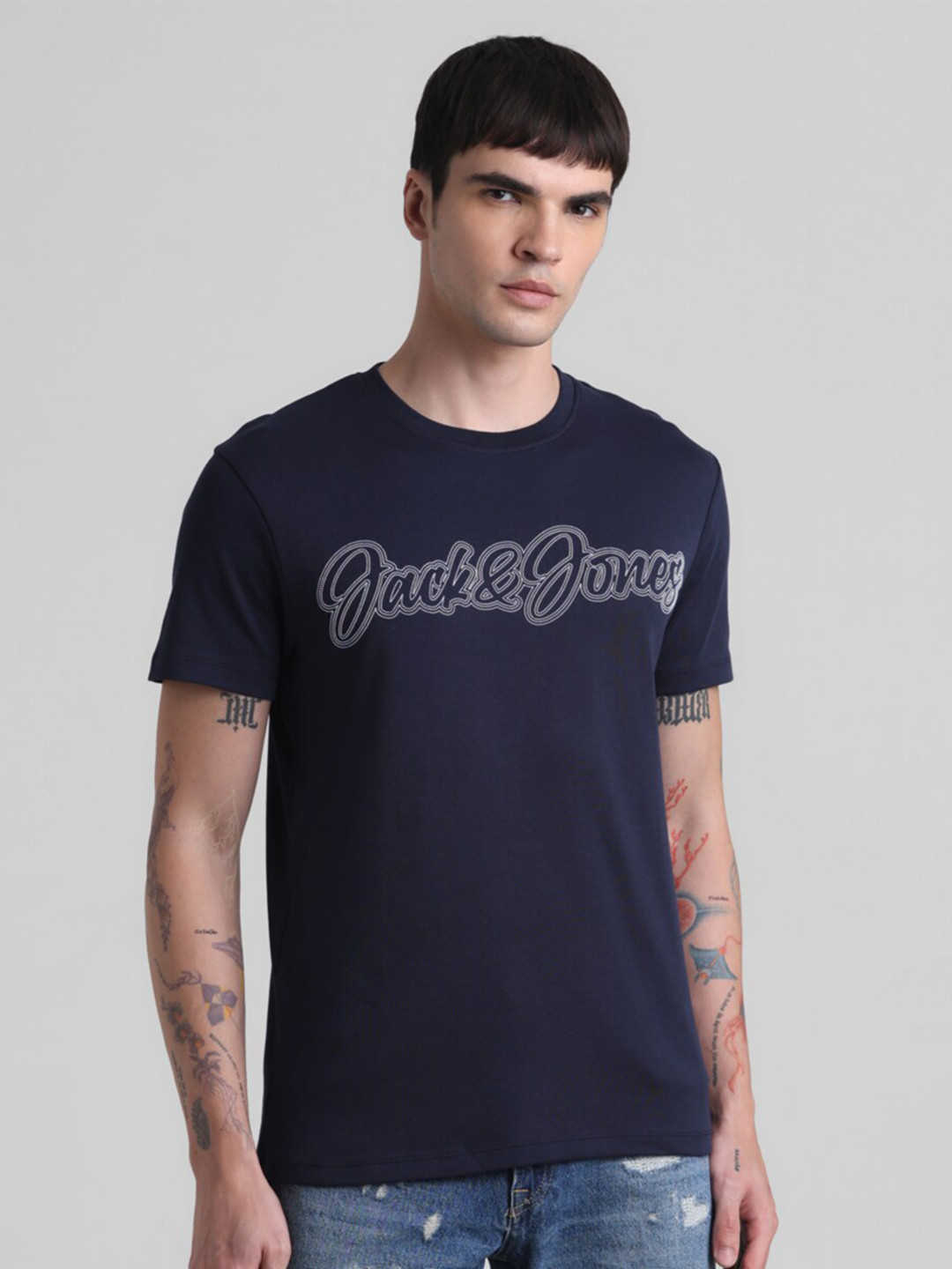 

Jack & Jones Typography Short Sleeves Round Neck Cotton Slim Fit T-shirt, Navy blue