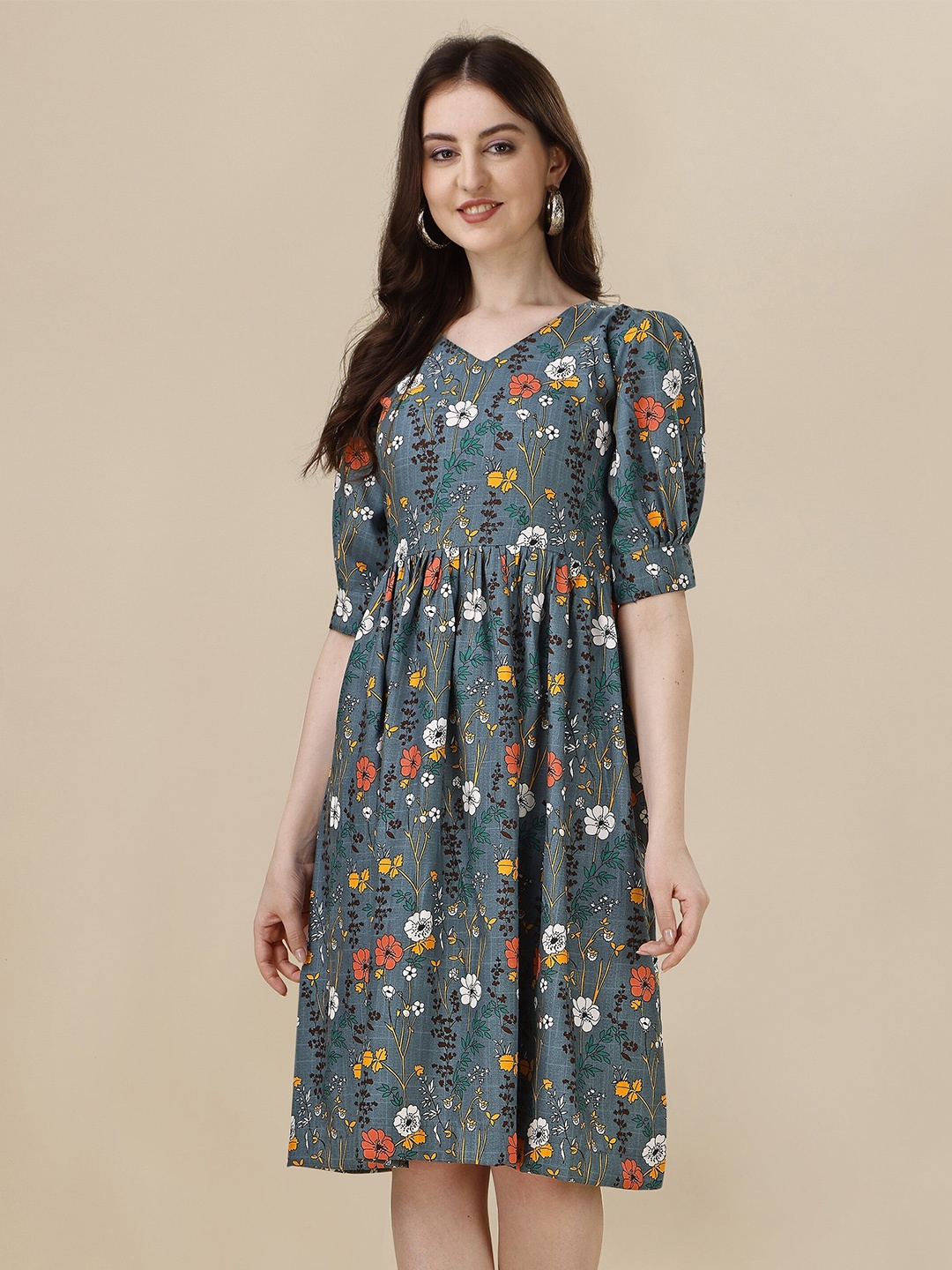 

Globon Impex Floral Print Puff Sleeves Fit & Flare Dress, Grey