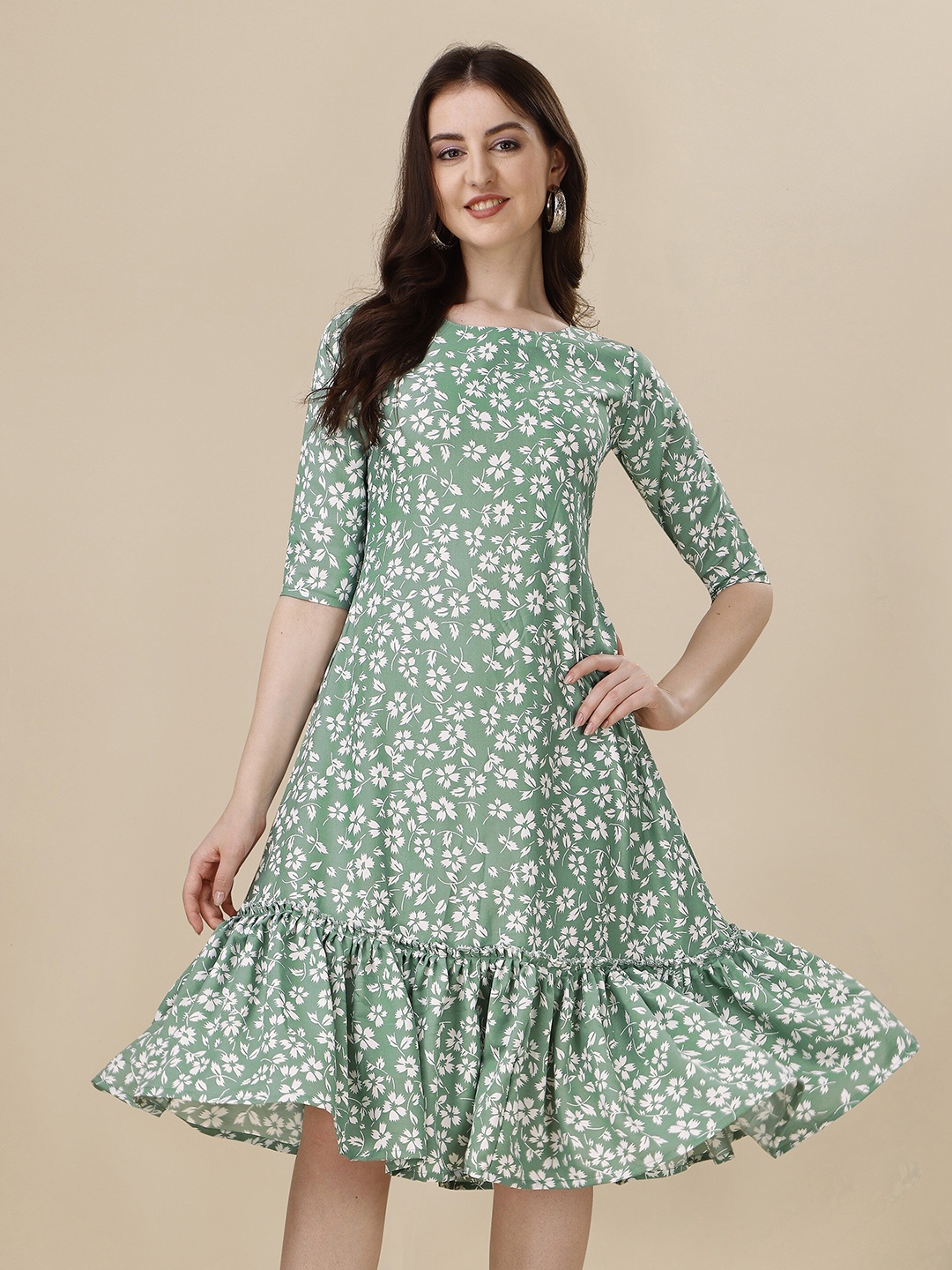 

Globon Impex Floral Print Round Neck A-Line Dress, Sea green