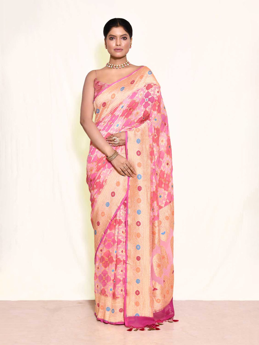 

Rasm by Muskaan Woven Design Zari Pure Georgette Banarasi Saree, Pink