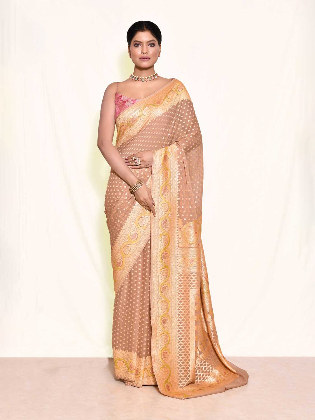 

Rasm by Muskaan Woven Design Zari Pure Georgette Banarasi Saree, Brown