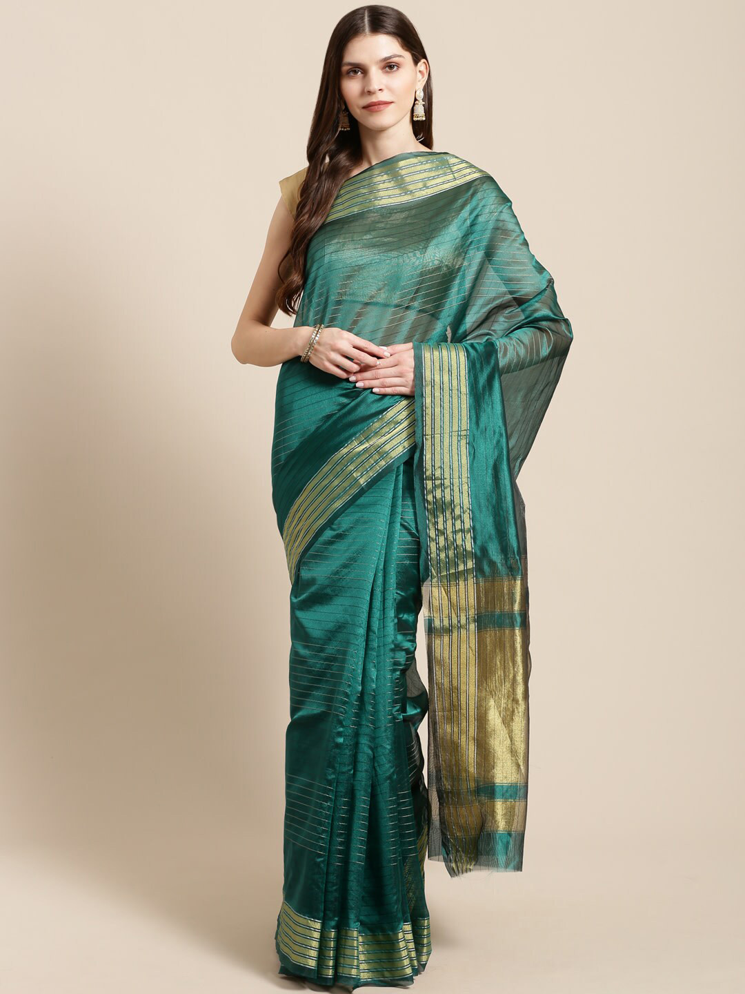 

KALINI Striped Zari Silk Blend Saree, Green