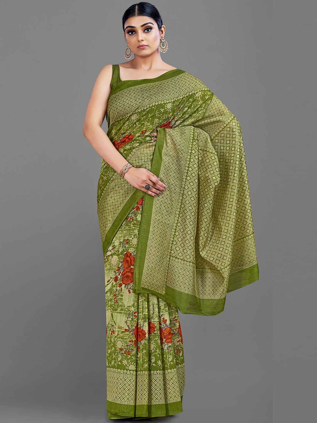 

KALINI Floral Printed Saree, Olive