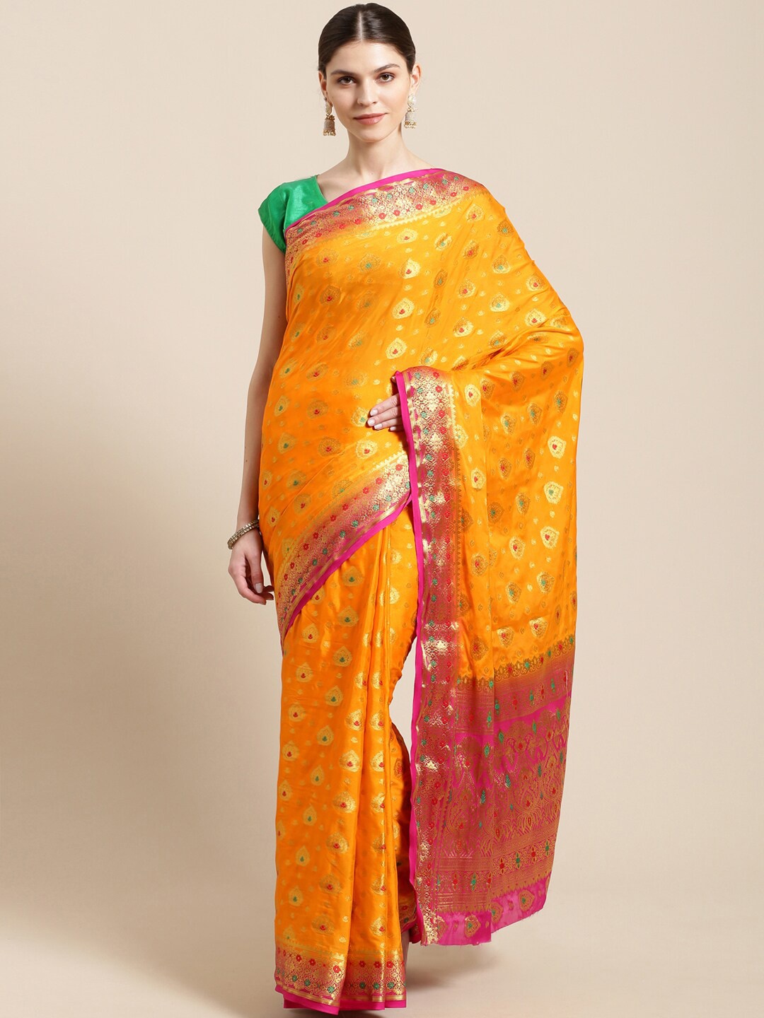 

KALINI Ethnic Motifs Printed Zari Silk Blend Saree, Orange