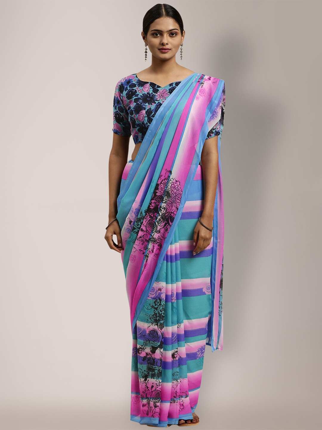

KALINI Striped Floral printed Saree, Blue