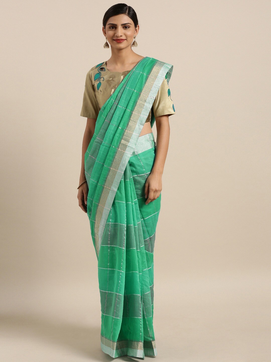 

KALINI Checked Zari Pure Linen Saree, Green