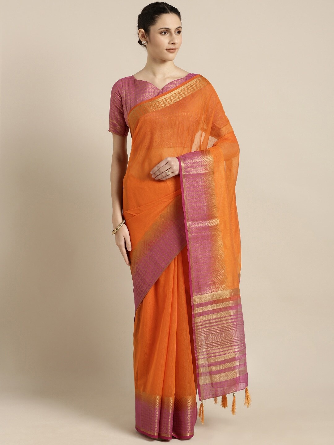 

KALINI Zari Pure Linen Saree, Orange
