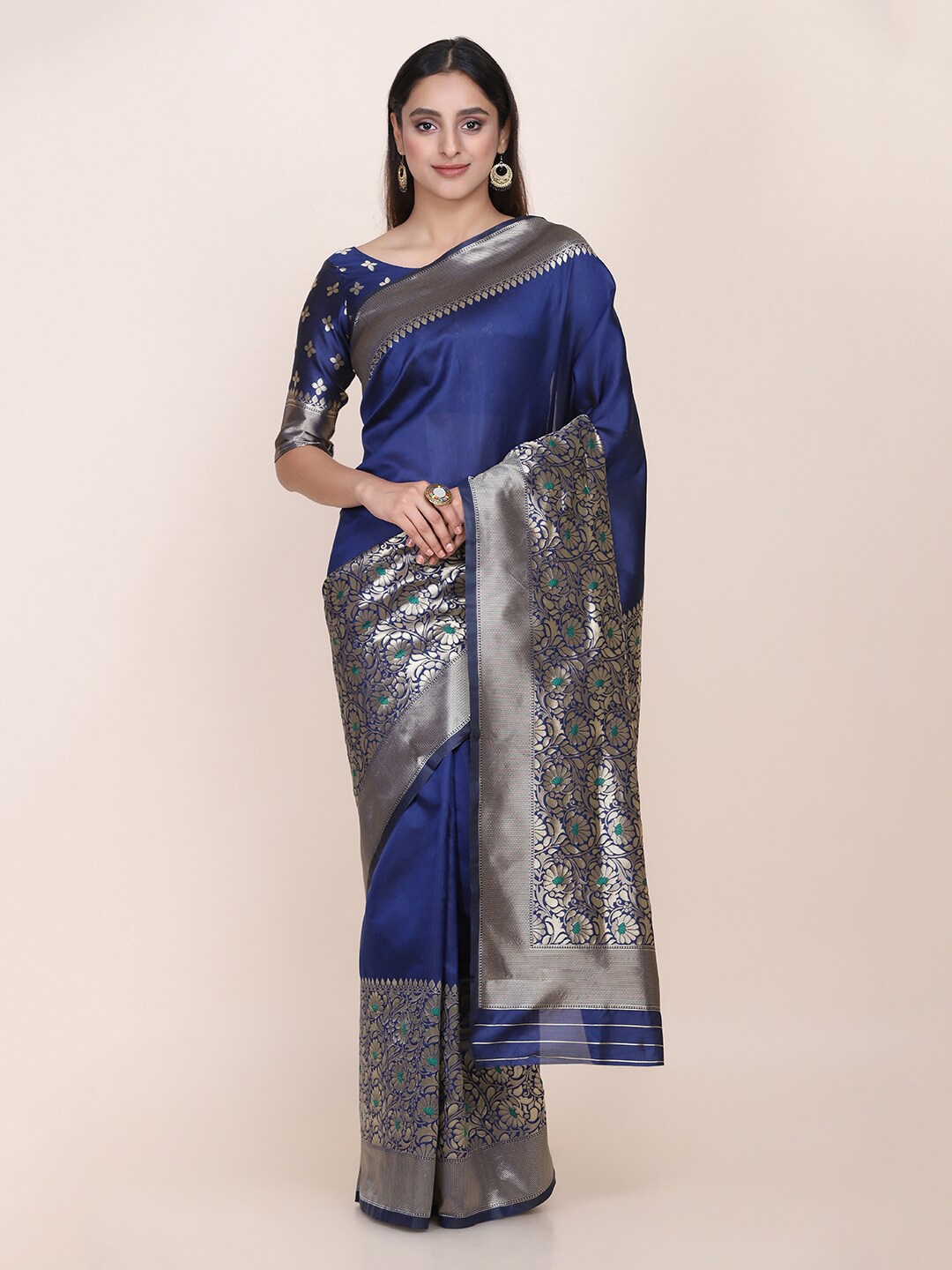 

KALINI Floral Woven Design Zari Silk Blend Saree, Navy blue
