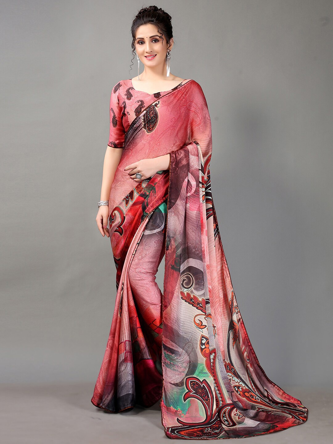 

KALINI Ethnic Motifs Printed Satin Saree, Pink