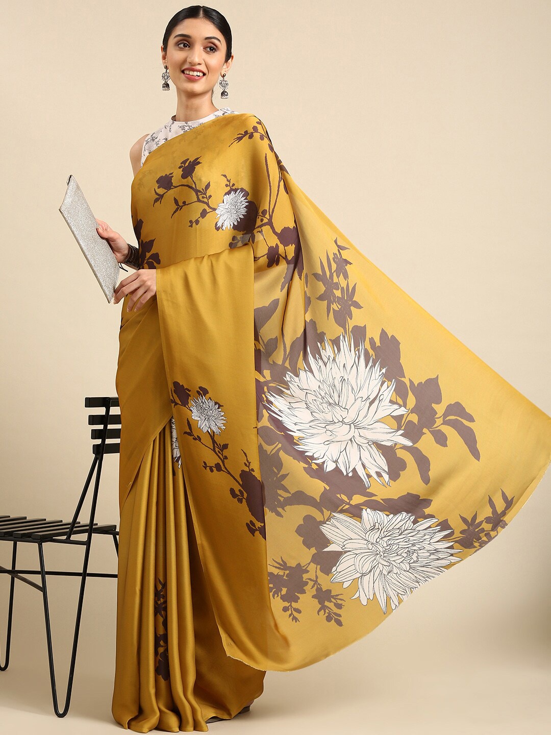 

KALINI Floral Printed Satin Saree, Mustard