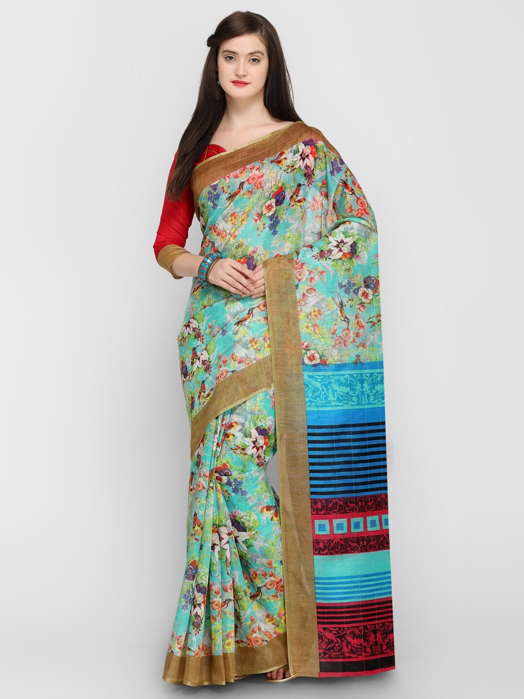 

KALINI Floral Printed Silk Cotton Saree, Green