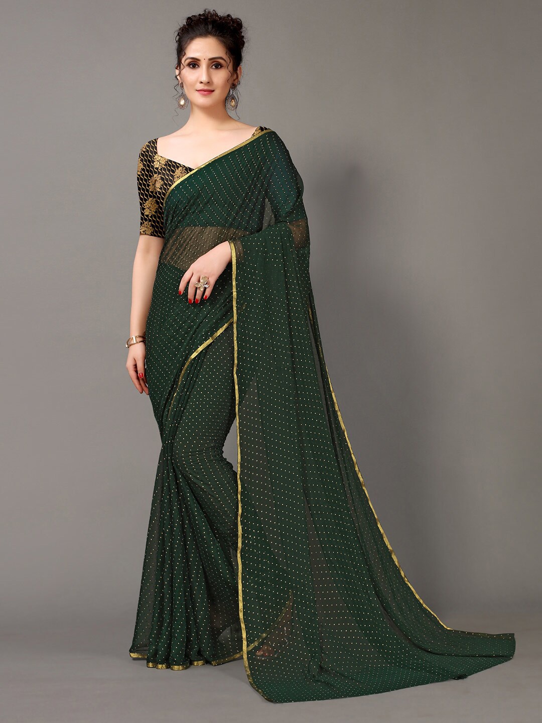 

KALINI Polka Dot Printed Zari Poly Chiffon Saree, Green