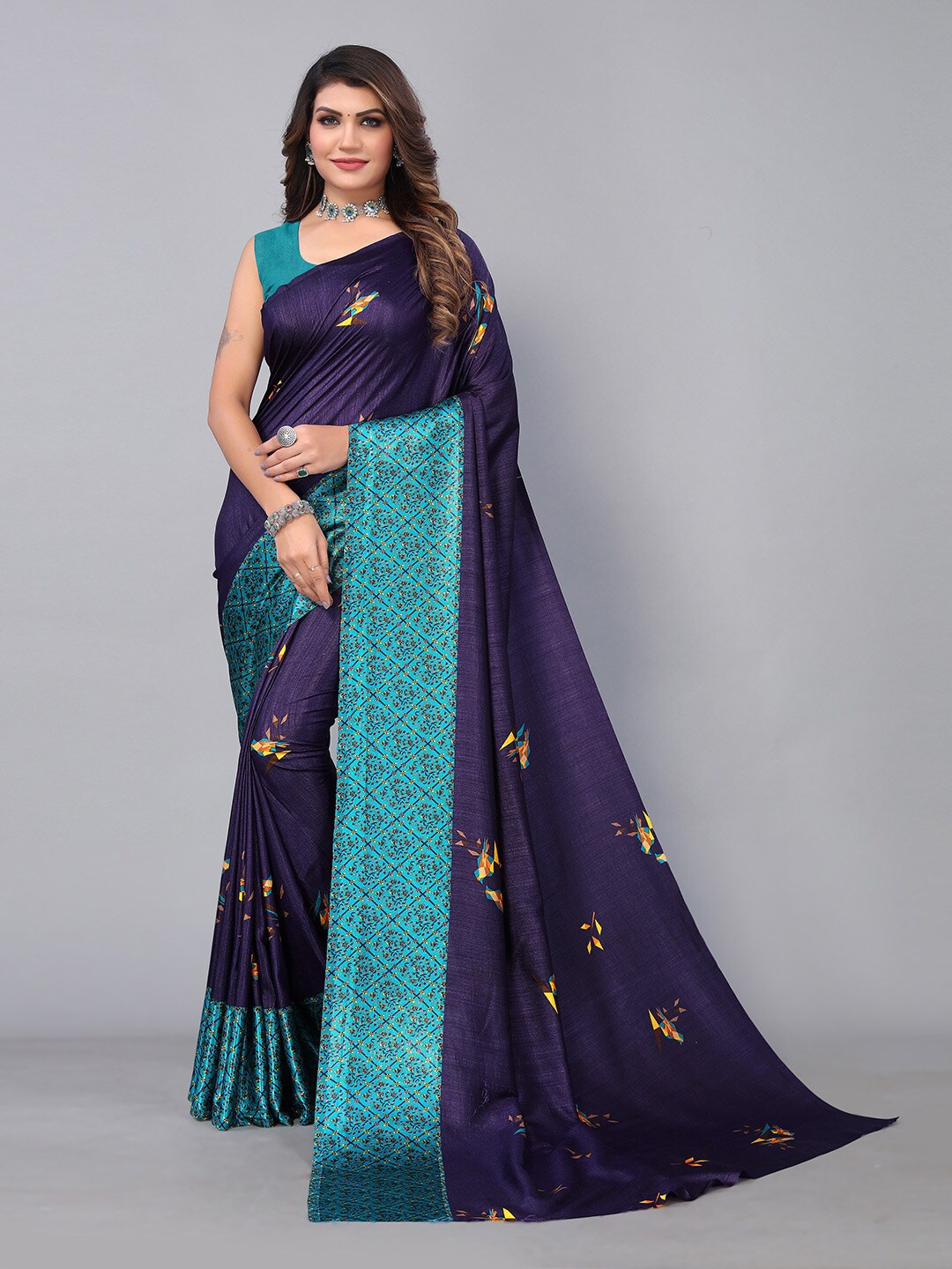 KALINI Floral Printed Saree, Navy blue