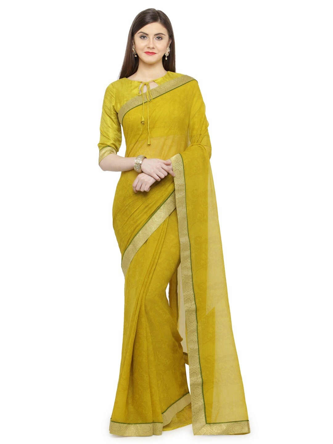 

KALINI Floral Printed Zari Saree, Mustard