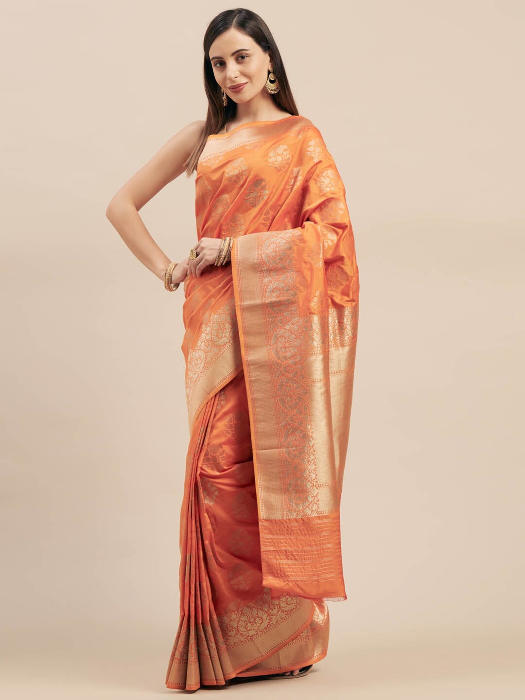 

KALINI Ethnic Motifs Woven Design Zari Saree, Orange