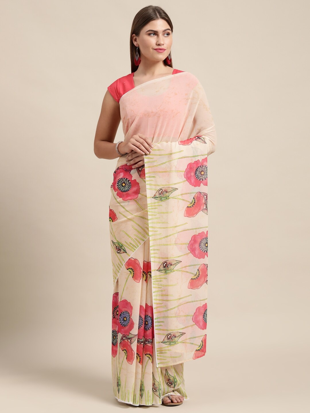 KALINI Floral Printed Saree, Beige
