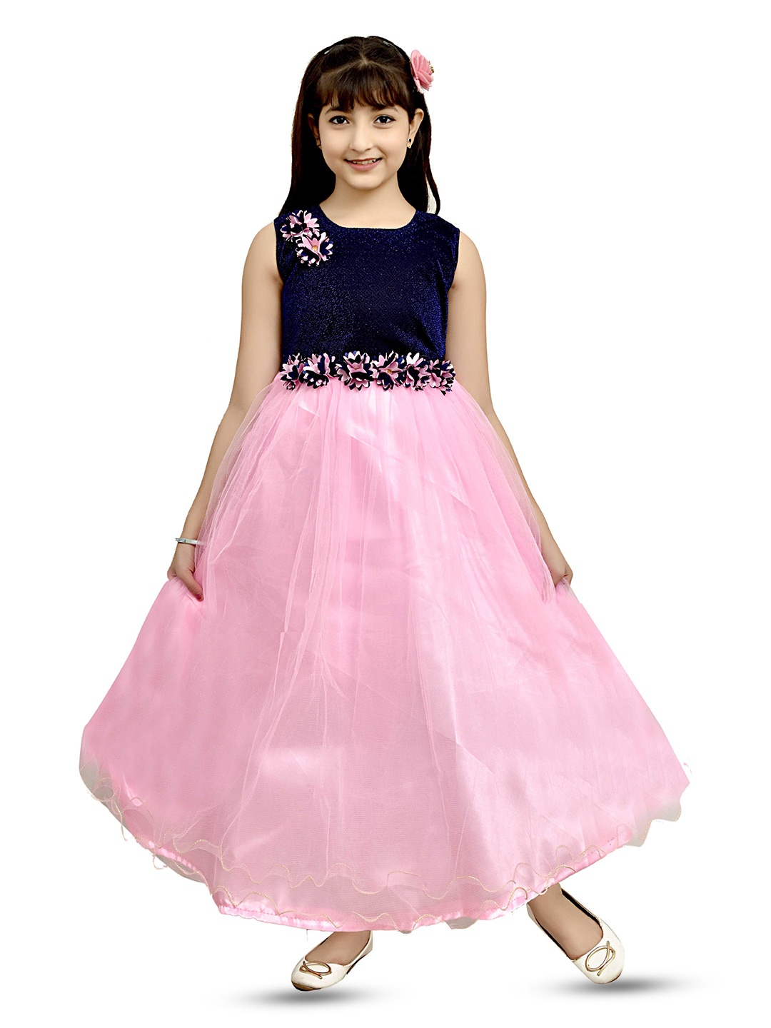 

BAESD Girls Round Neck Applique Net Maxi Dress, Pink