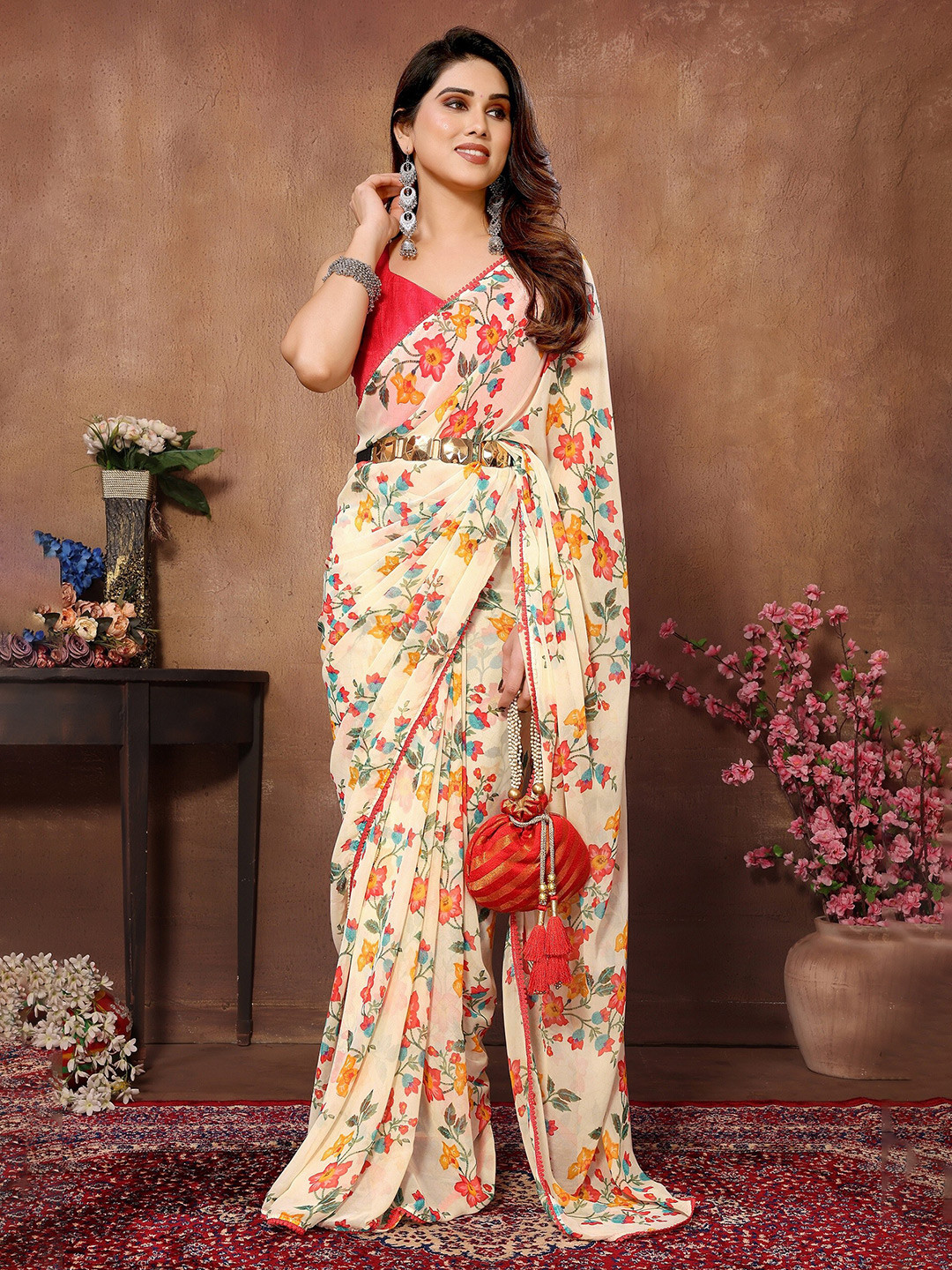

BHARODIYA ENTERPRISES Floral Pure Georgette Ready to Wear Saree, Beige