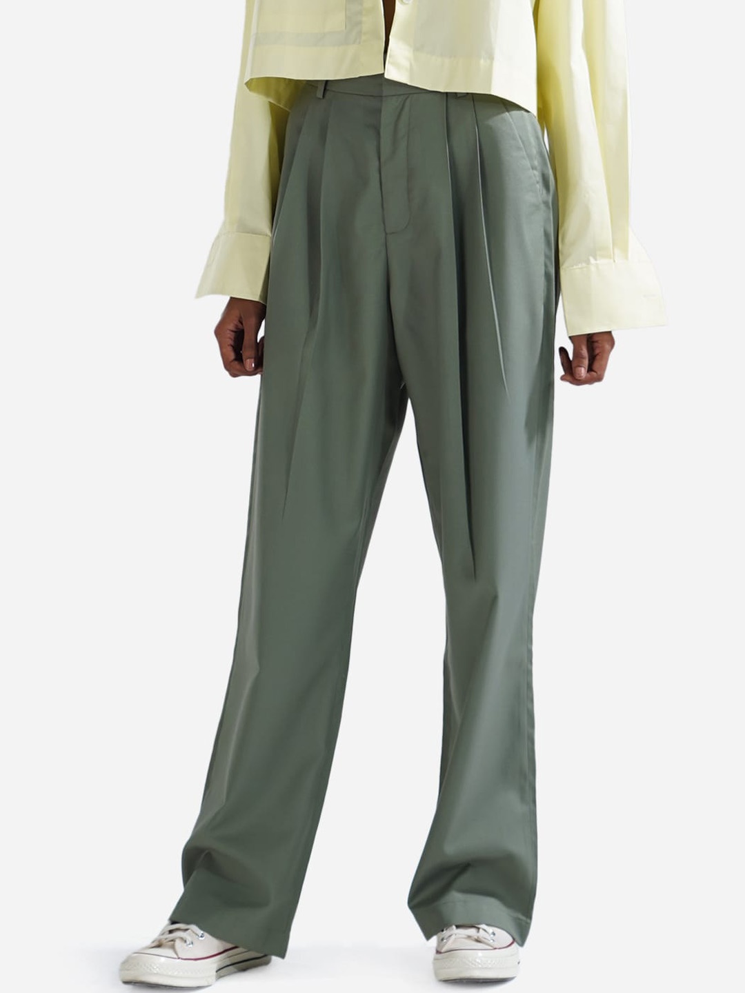 

Shop Staple Women Straight Fit High-Rise Pleated Trousers, Green
