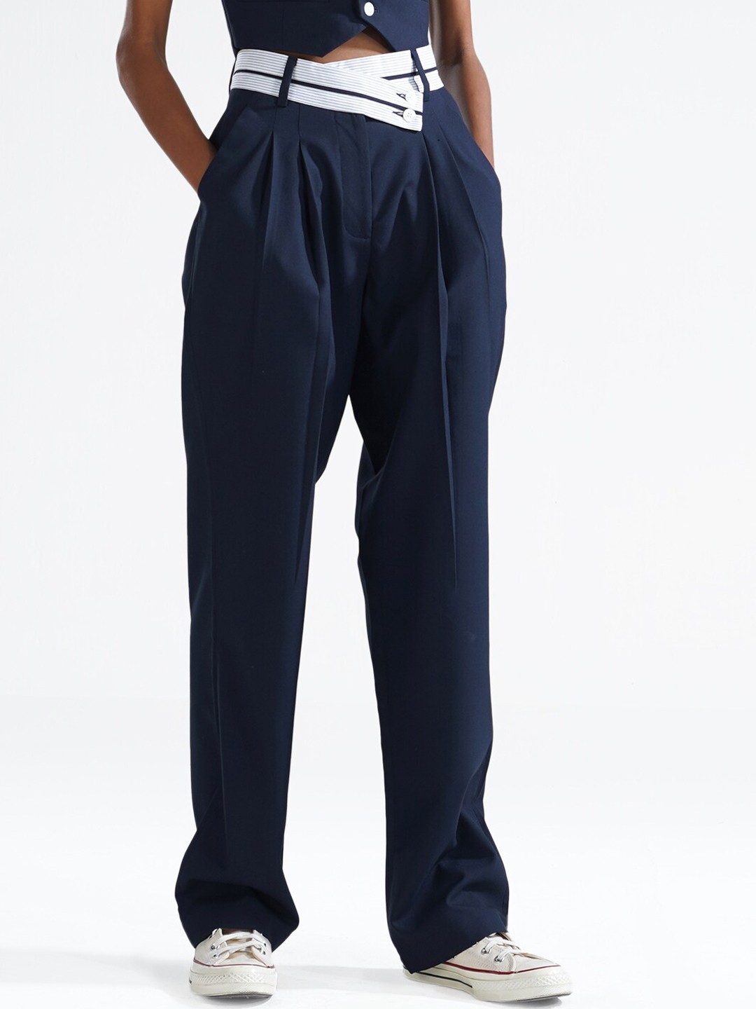 

Shop Staple Women Straight Fit High-Rise Pleated Trousers, Navy blue
