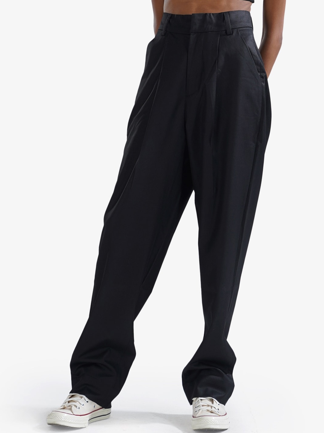 

Shop Staple Women Tapered Fit High-Rise Pleated Trousers, Black