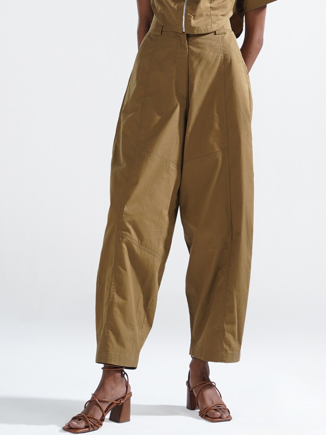 

Shop Staple Women Tapered Fit High-Rise Cotton Slouchy Trousers, Olive