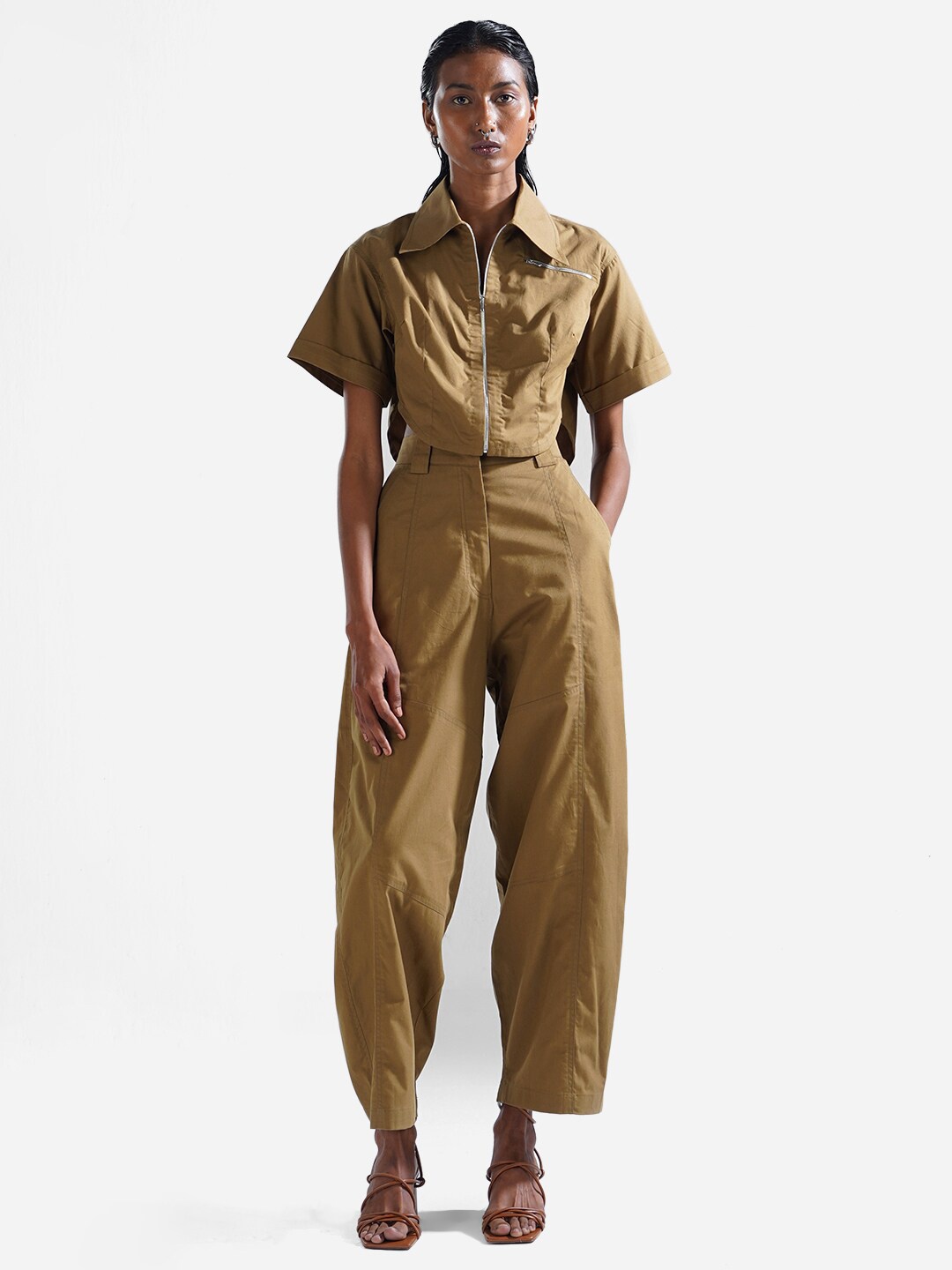 

Shop Staple Spread Collar Opaque Casual Half Sleeves Crop Shirt, Brown