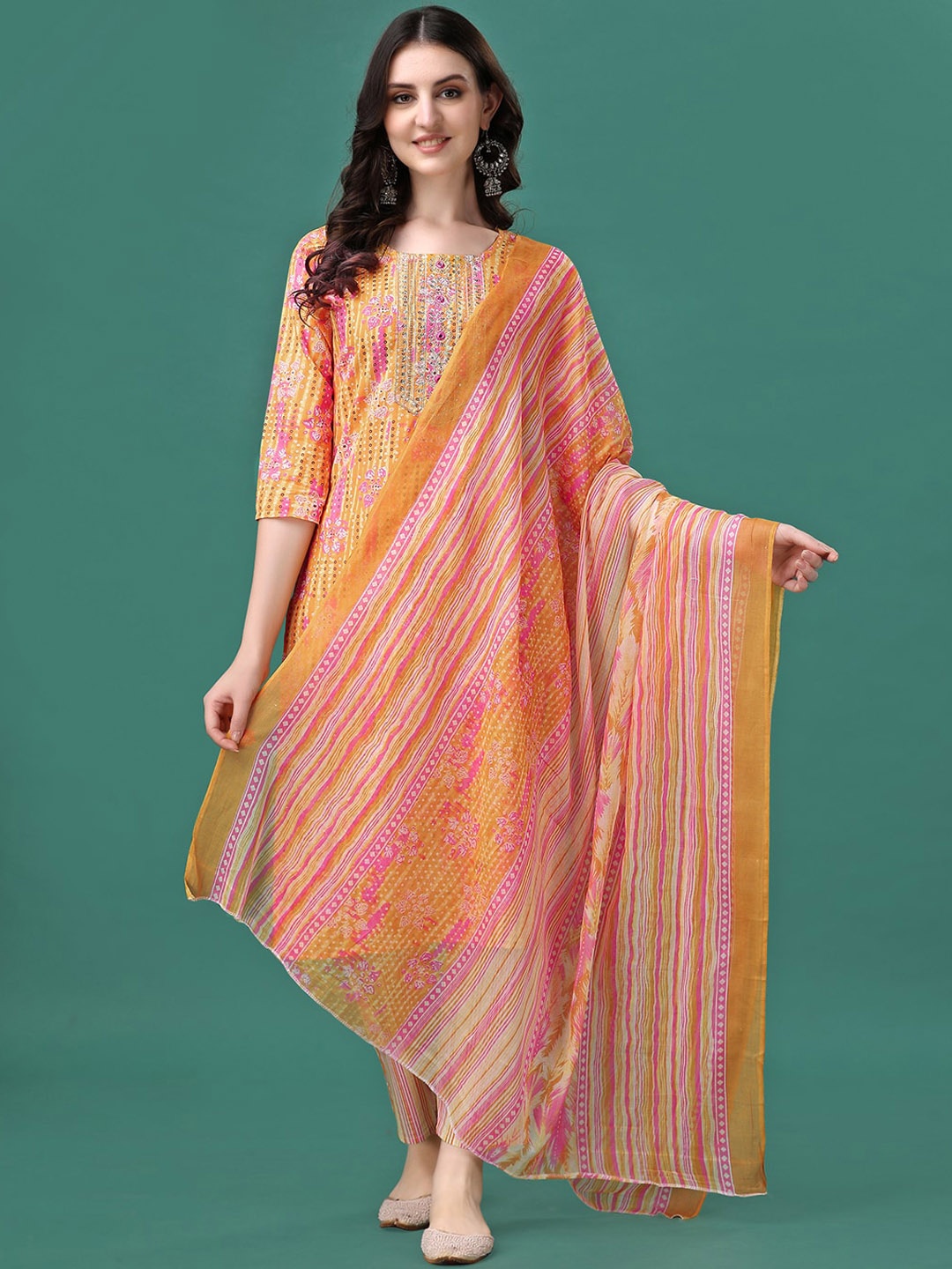 

KALINI Ethnic Motifs Embroidered Mirror Work Pure Cotton Kurta with Trousers & Dupatta, Yellow