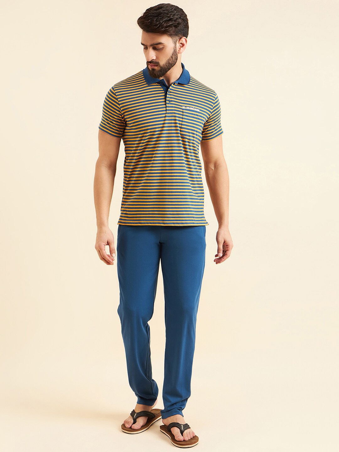 

Sweet Dreams Men Striped Night suit, Mustard