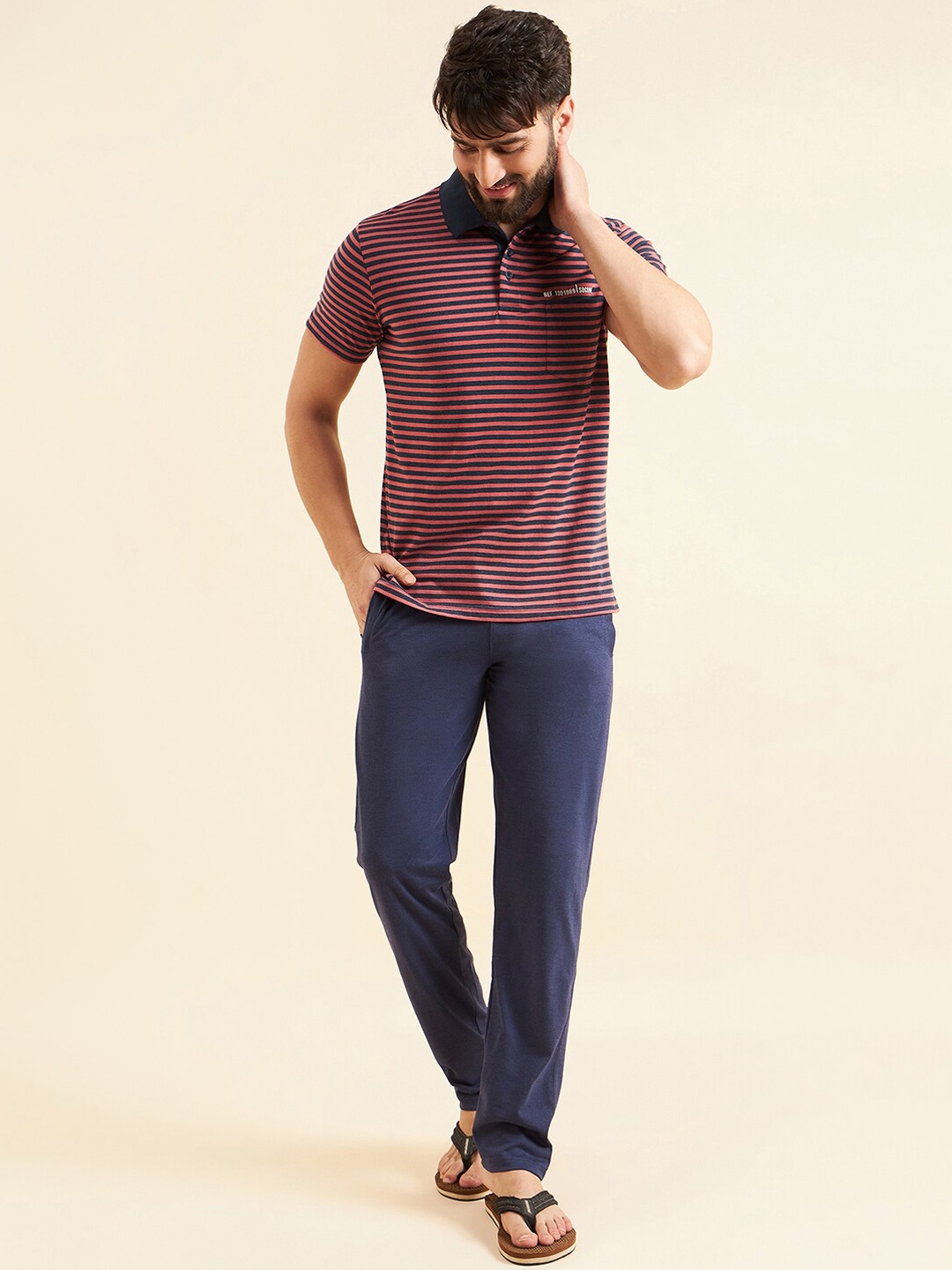 

Sweet Dreams Rose & Blue Shirt Collar Striped Night suit