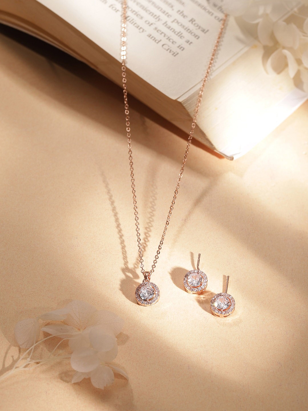 

Rubans Voguish Rose Gold - Plated Cubic Zirconia Studded Pendant Necklace With Earrings