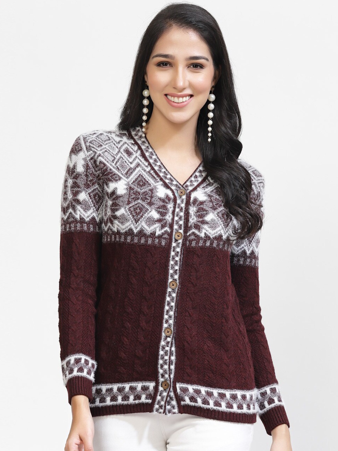 

Kalt Ethnic Motifs V-Neck Acrylic Cardigan, Maroon