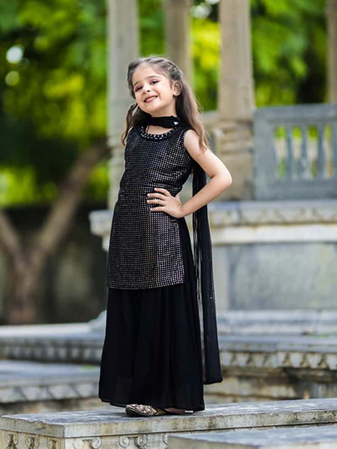

BAESD Girls Embroidered Regular Mirror Work Kurta with Palazzos & With Dupatta, Black
